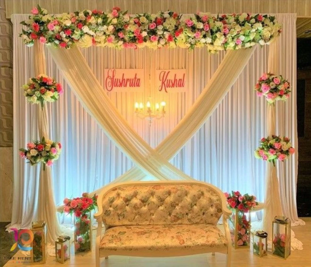 Beautiful Light Decorated Stage for Ring Ceremony | Wedding stage decoration  with curtains | Unique wedding decoration | Elegant wedding stage decoration  with flowers and curtains | Lights decoration for wedding |